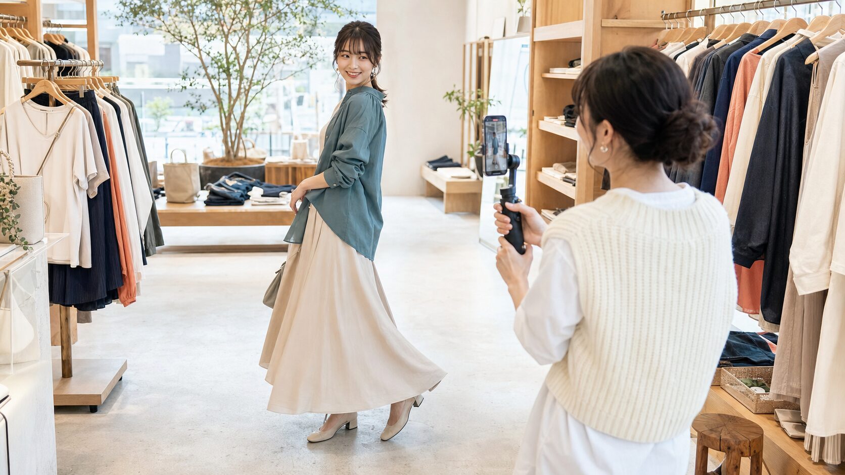 TikTokアパレル企業アカウント|店舗でコーディネート動画を撮影するスタッフ