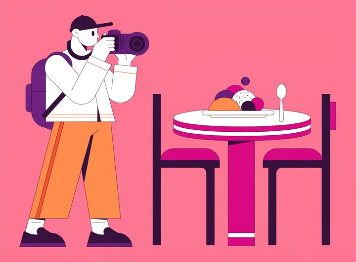 プロカメラマンが一眼カメラで料理を撮影するイラスト