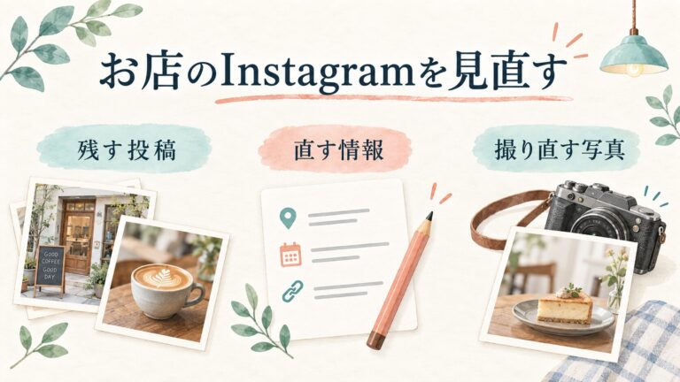 店舗Instagramの見直しを、残す投稿・直す情報・撮り直す写真に分けたイラスト