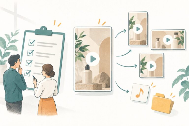 確認表を見ながら、ショート動画を縦型・横型・正方形へ展開し、音源と素材を整理する説明用イラスト