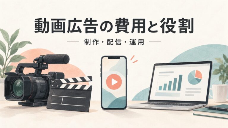 動画広告の制作・配信・運用を表すカメラ、スマートフォン、分析画面のイラスト