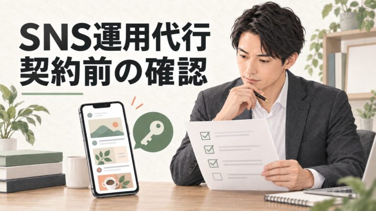 SNS運用代行の契約前に、権限と確認項目をチェックする担当者のイラスト