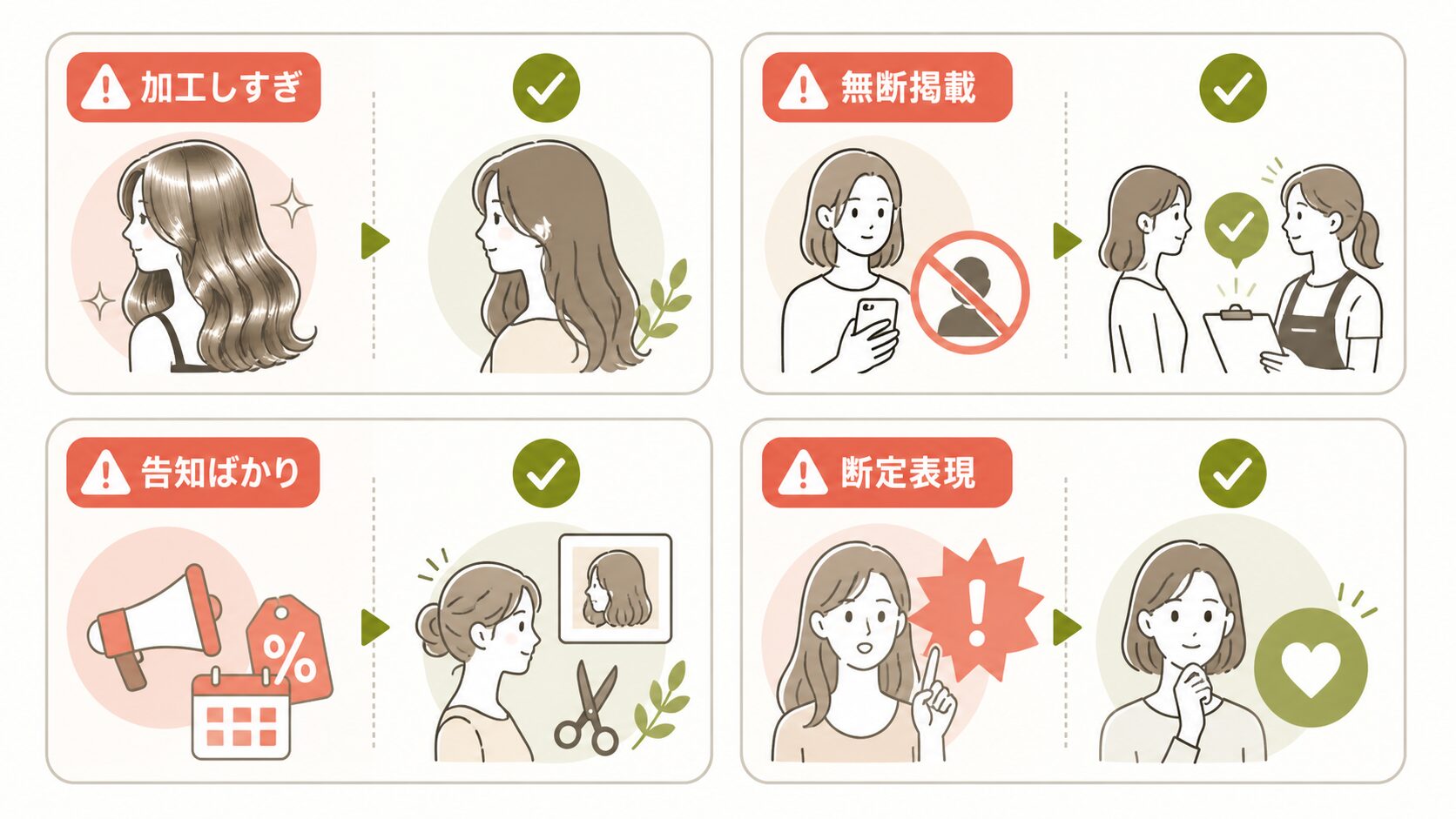 美容室 SNS運用|加工・無断掲載・告知偏重・断定表現の失敗例